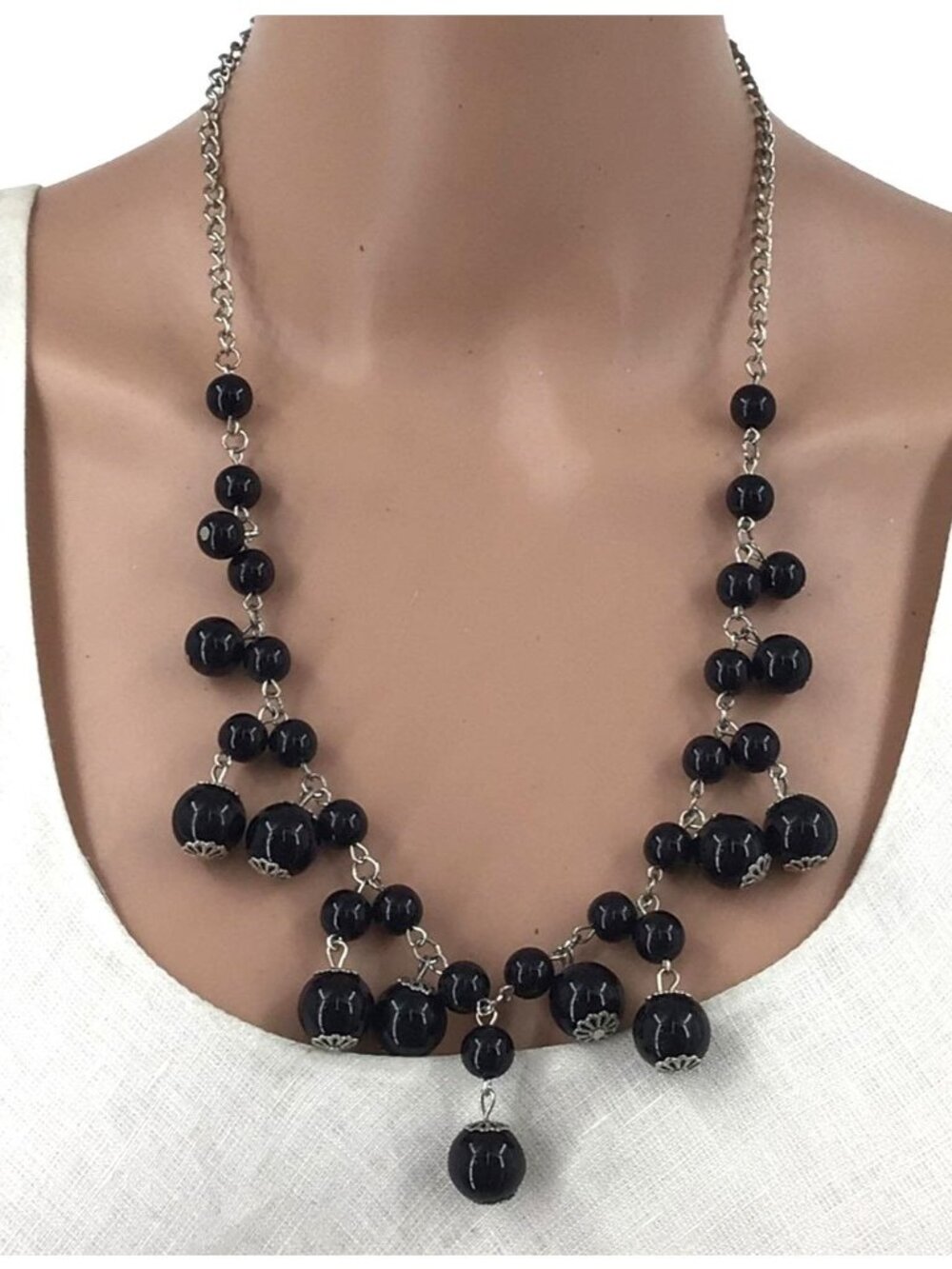 Beaded Fringe Necklace Adjustable Length Silver Tone Black Beads